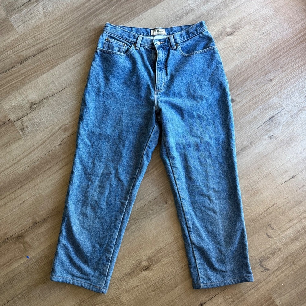 LL Bean Flannel Lined Jeans Womens 12 Reg Relaxed Fit Blue Floral Lining Denim